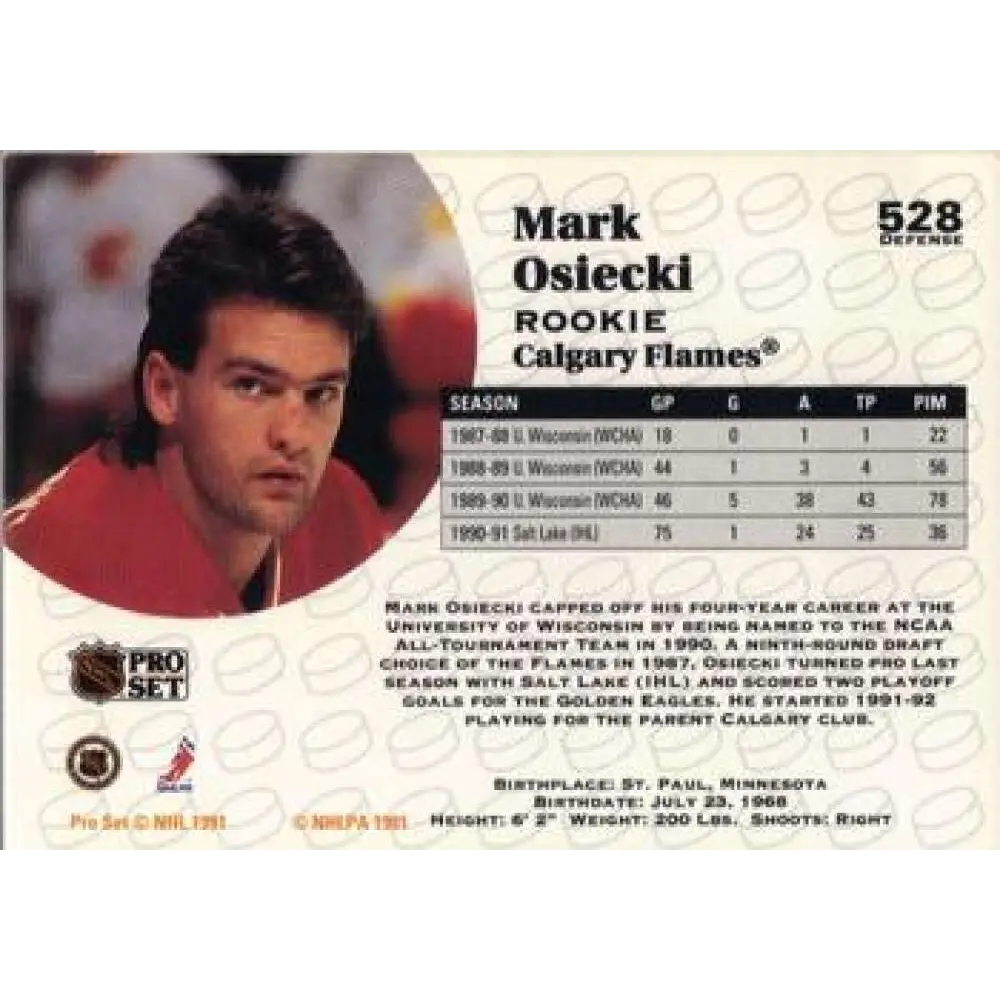 1991-92 Pro Set #528 Mark Osiecki NM-MT Calgary Flames Hockey Card Image 2