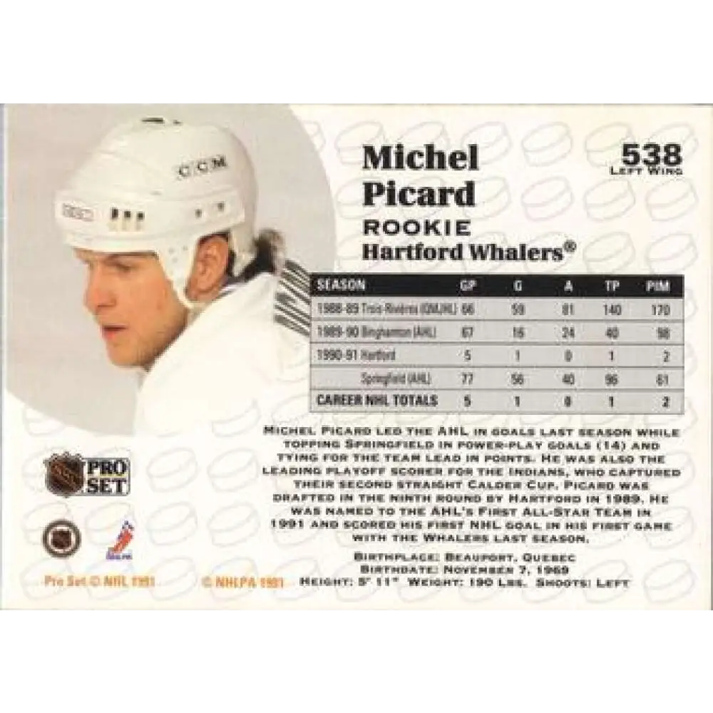 1991-92 Pro Set #538 Michel Picard NM-MT RC Rookie Hartford Whalers Hockey Card Image 2