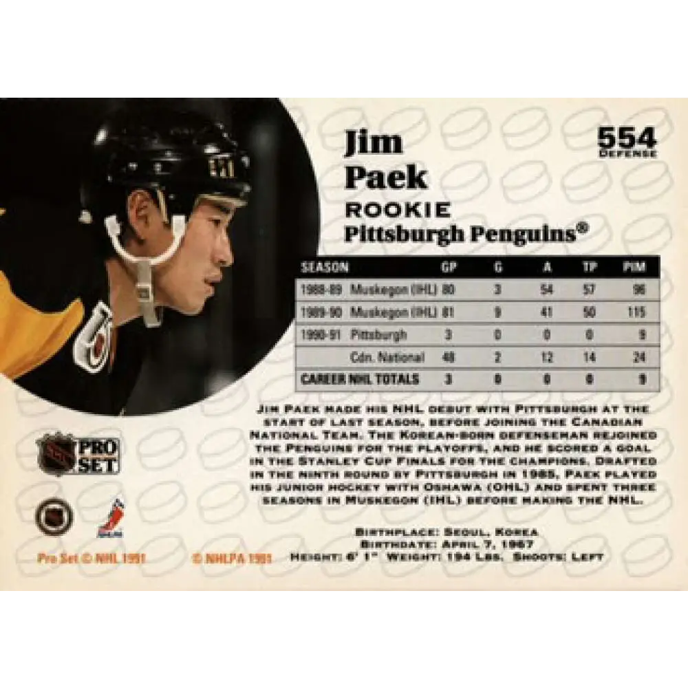 1991-92 Pro Set #554 Jim Paek NM-MT RC Rookie Pittsburgh Penguins Hockey Card Image 2