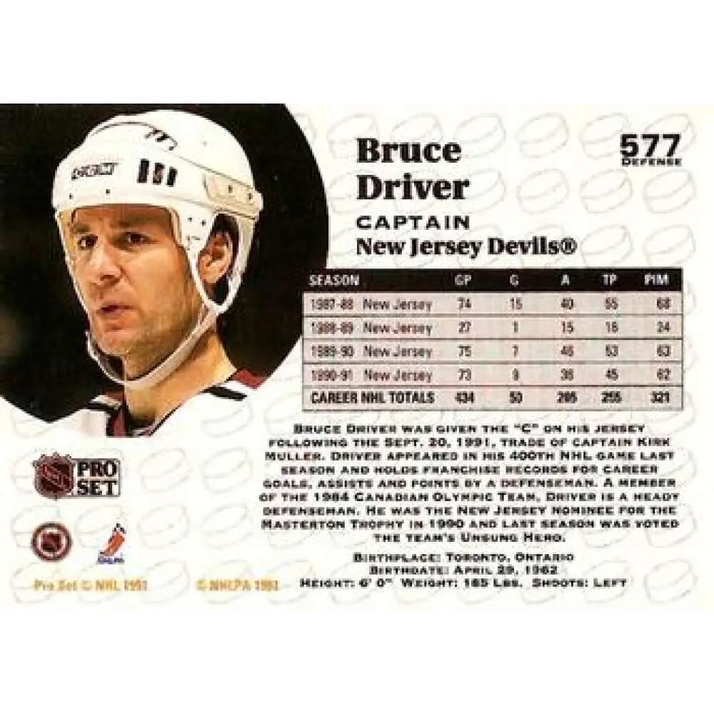 1991-92 Pro Set #577 Bruce Driver NM-MT New Jersey Devils Hockey Card Image 2