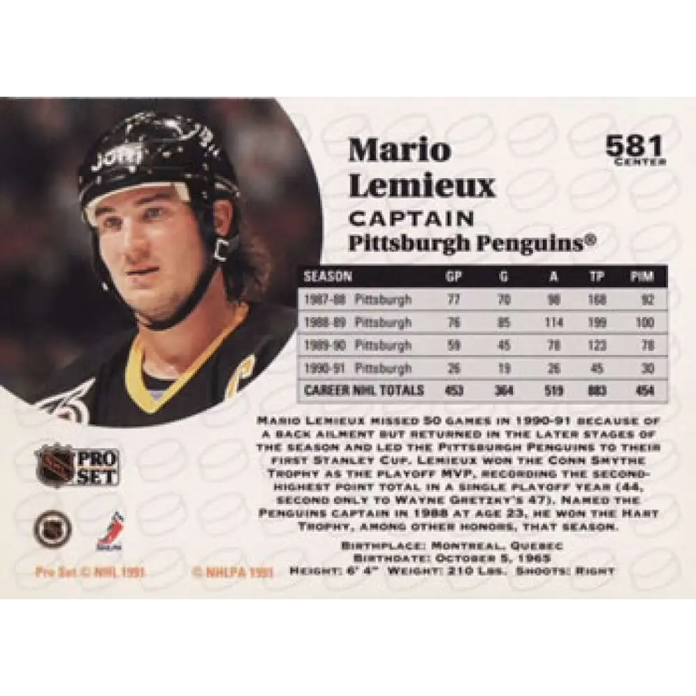 1991-92 Pro Set #581 Mario Lemieux NM-MT Pittsburgh Penguins Hockey Card Image 2