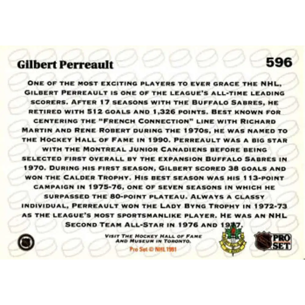 1991-92 Pro Set #596 Gilbert Perreault NM-MT Buffalo Sabres Hockey Card Image 2