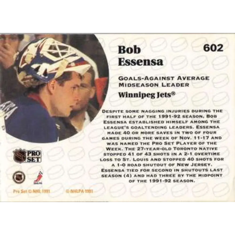 1991-92 Pro Set #602 Bob Essensa LL NM-MT Winnipeg Jets Hockey Card Image 2
