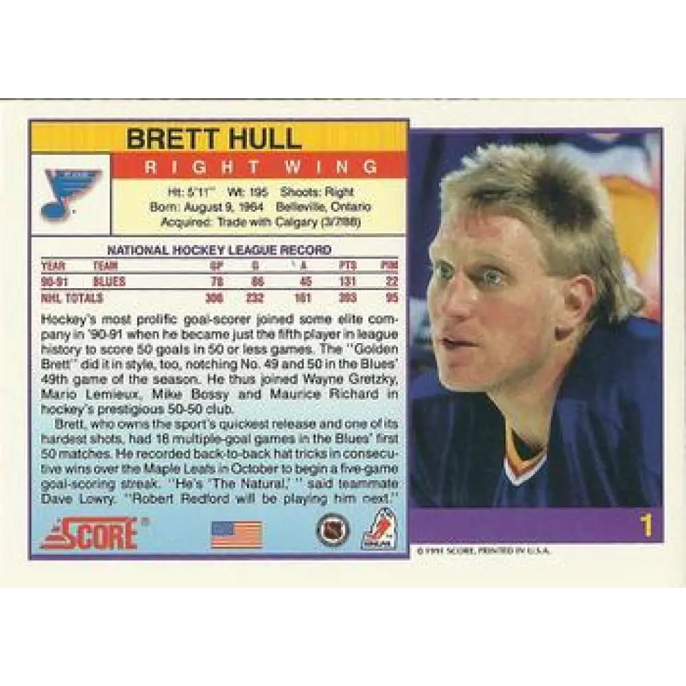 1991-92 Score American #1 Brett Hull NM-MT St. Louis Blues Hockey Card Image 2