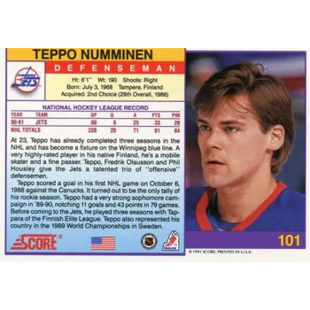 1991-92 Score American #101 Teppo Numminen NM-MT Winnipeg Jets Hockey Card Image 2