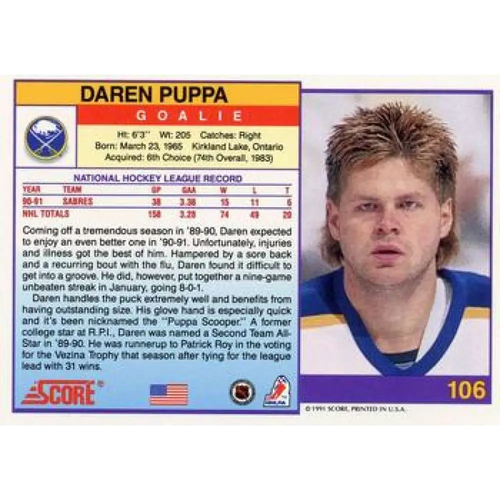 1991-92 Score American #106 Daren Puppa NM-MT Montreal Canadiens Hockey Card Image 2