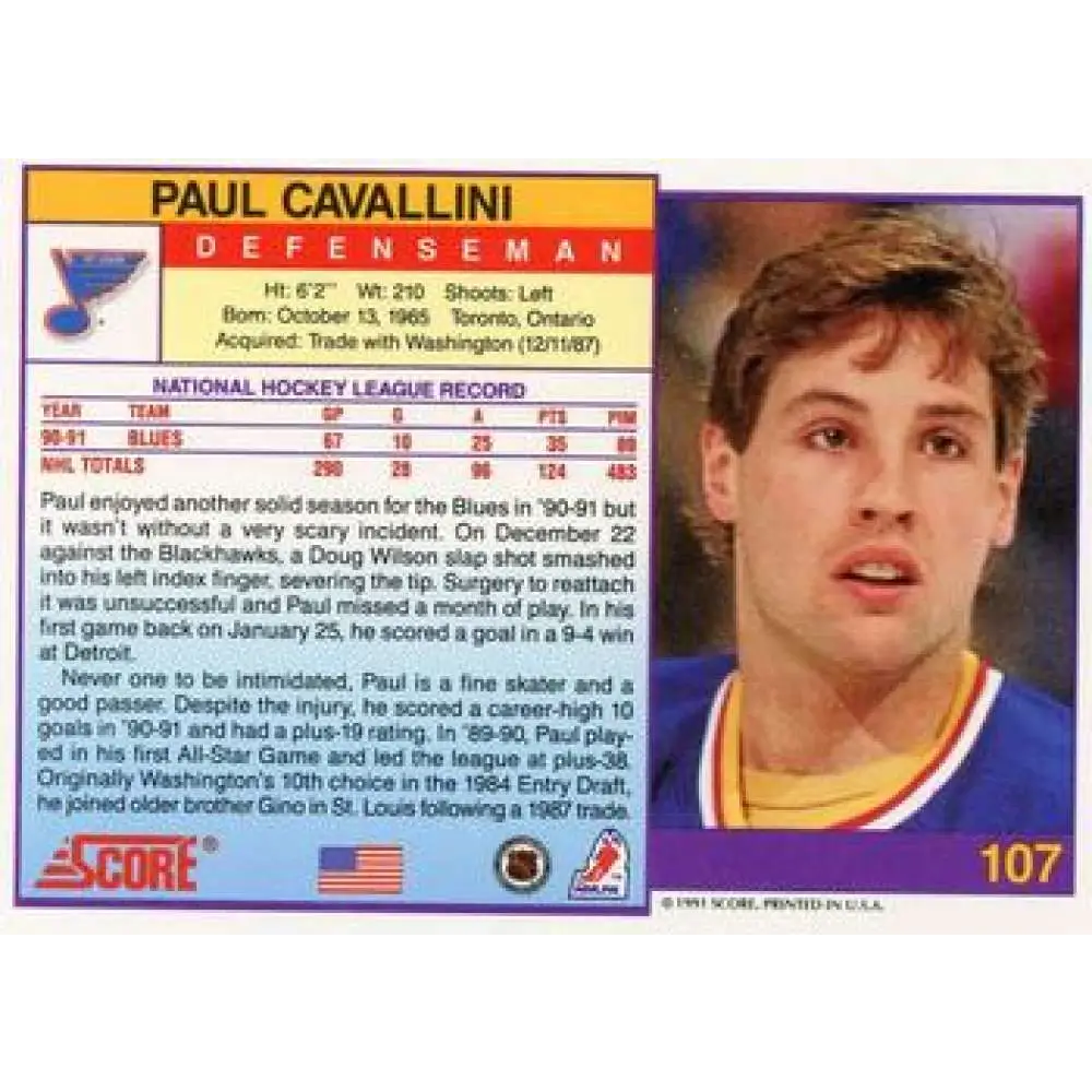 1991-92 Score American #107 Paul Cavallini NM-MT St. Louis Blues Hockey Card Image 2