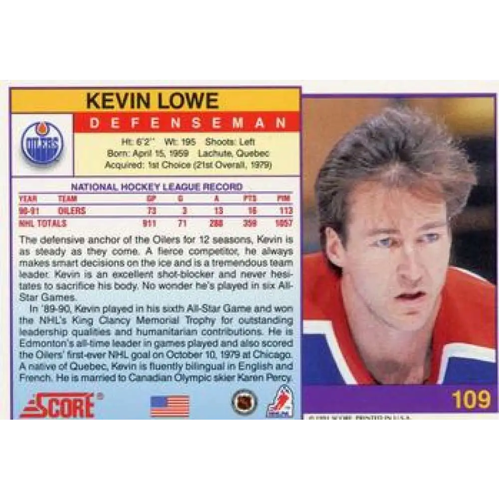 1991-92 Score American #109 Kevin Lowe NM-MT Edmonton Oilers Hockey Card Image 2