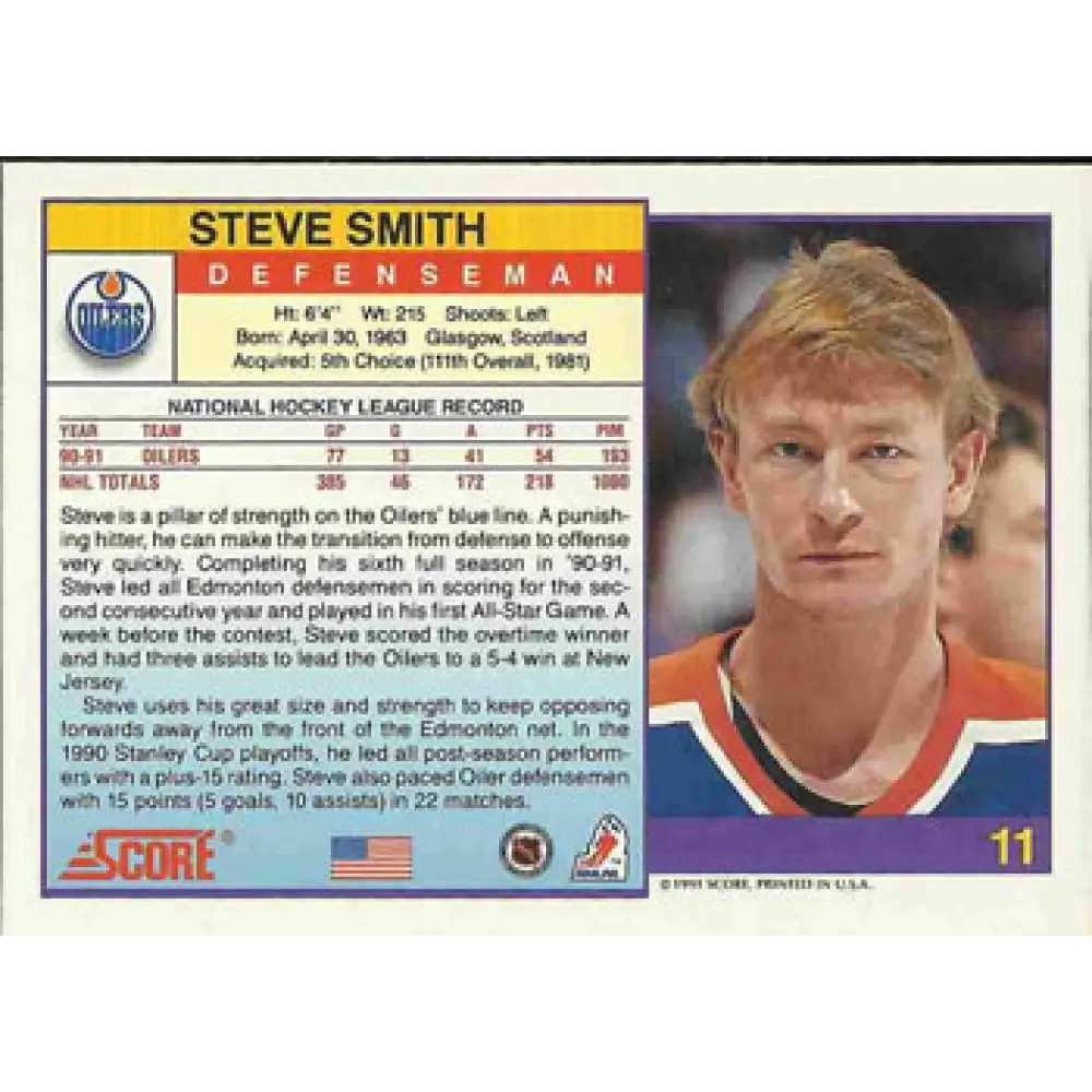 1991-92 Score American #11 Steve Smith NM-MT Edmonton Oilers Hockey Card Image 2