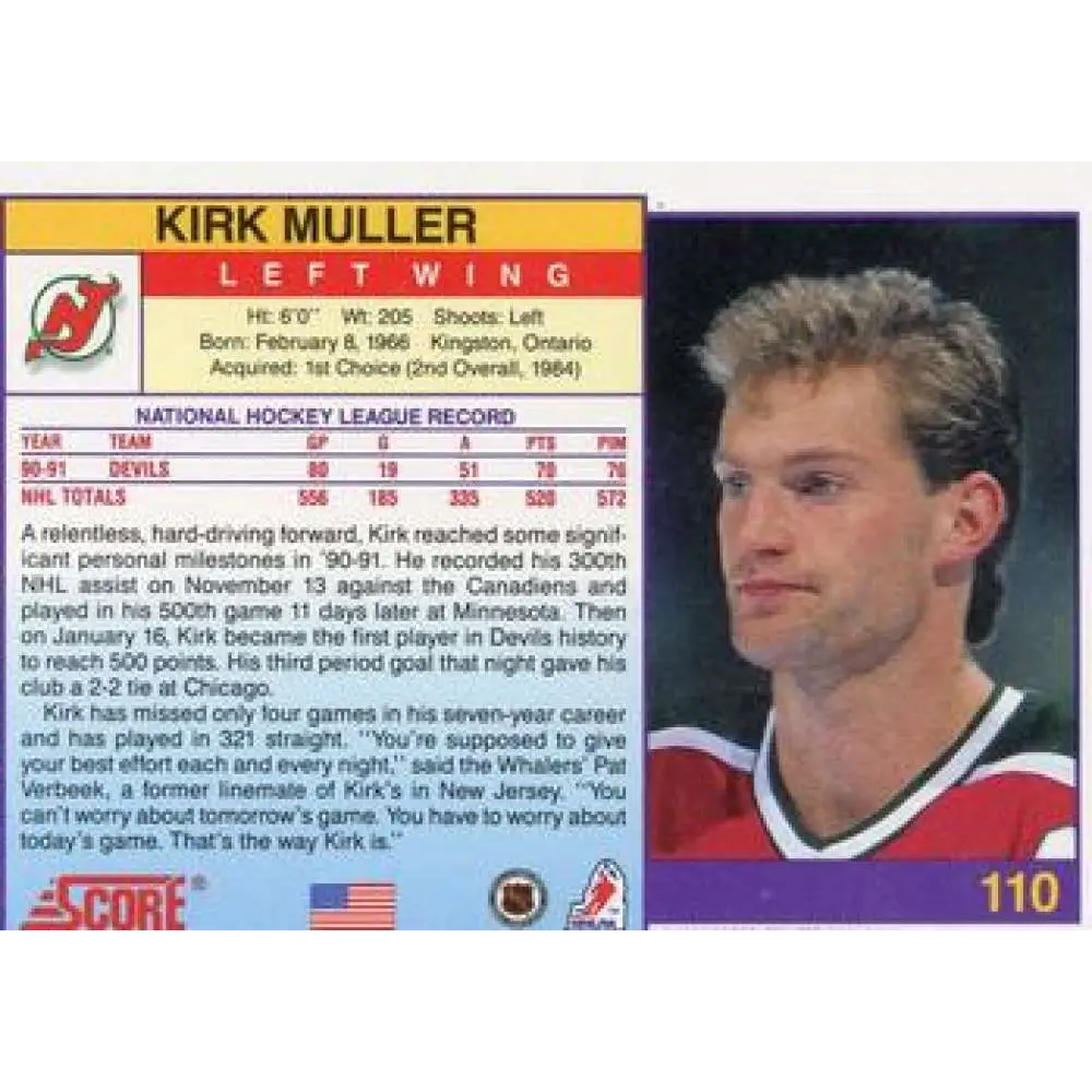 1991-92 Score American #110 Kirk Muller NM-MT New Jersey Devils Hockey Card Image 2