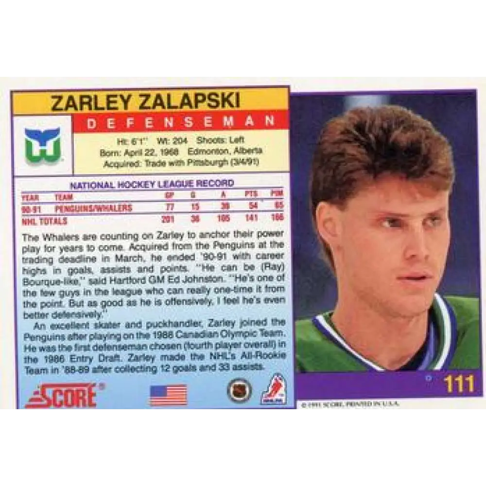 1991-92 Score American #111 Zarley Zalapski NM-MT Hartford Whalers Hockey Card Image 2