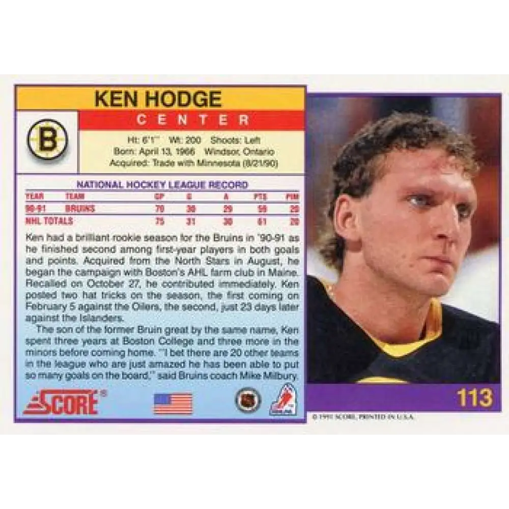 1991-92 Score American #113 Ken Hodge Jr. NM-MT Boston Bruins Hockey Card Image 2
