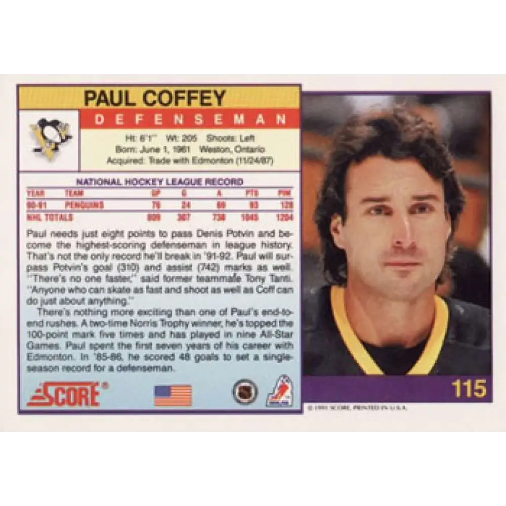 1991-92 Score American #115 Paul Coffey NM-MT Pittsburgh Penguins Hockey Card Image 2