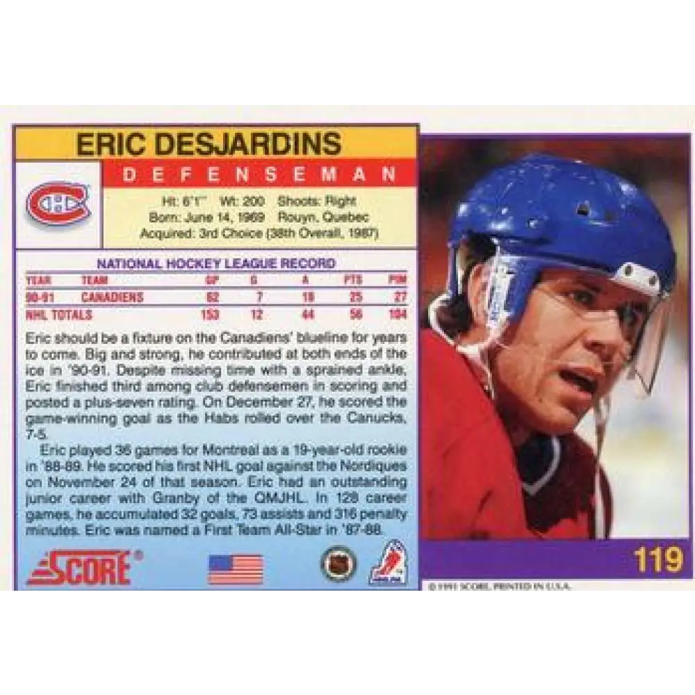 1991-92 Score American #119 Eric Desjardins NM-MT Montreal Canadiens Hockey Card Image 2