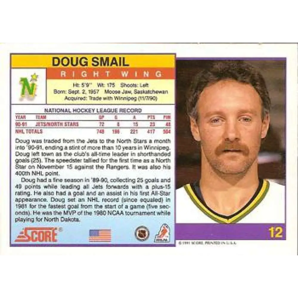 1991-92 Score American #12 Doug Smail NM-MT Minnesota North Stars Hockey Card Image 2