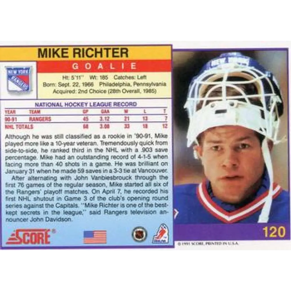 1991-92 Score American #120 Mike Richter NM-MT New York Rangers Hockey Card Image 2