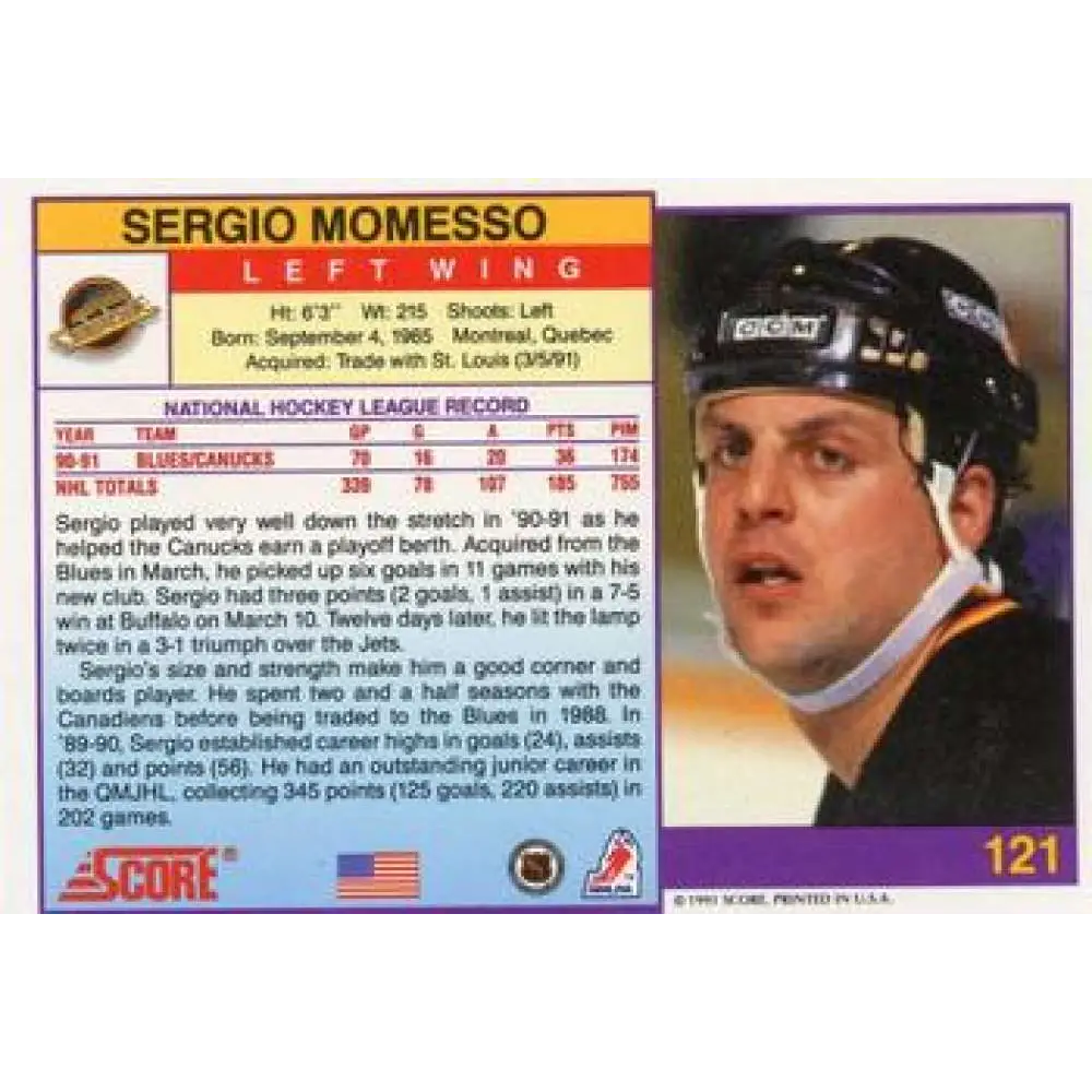 1991-92 Score American #121 Sergio Momesso NM-MT Vancouver Canucks Hockey Card Image 2
