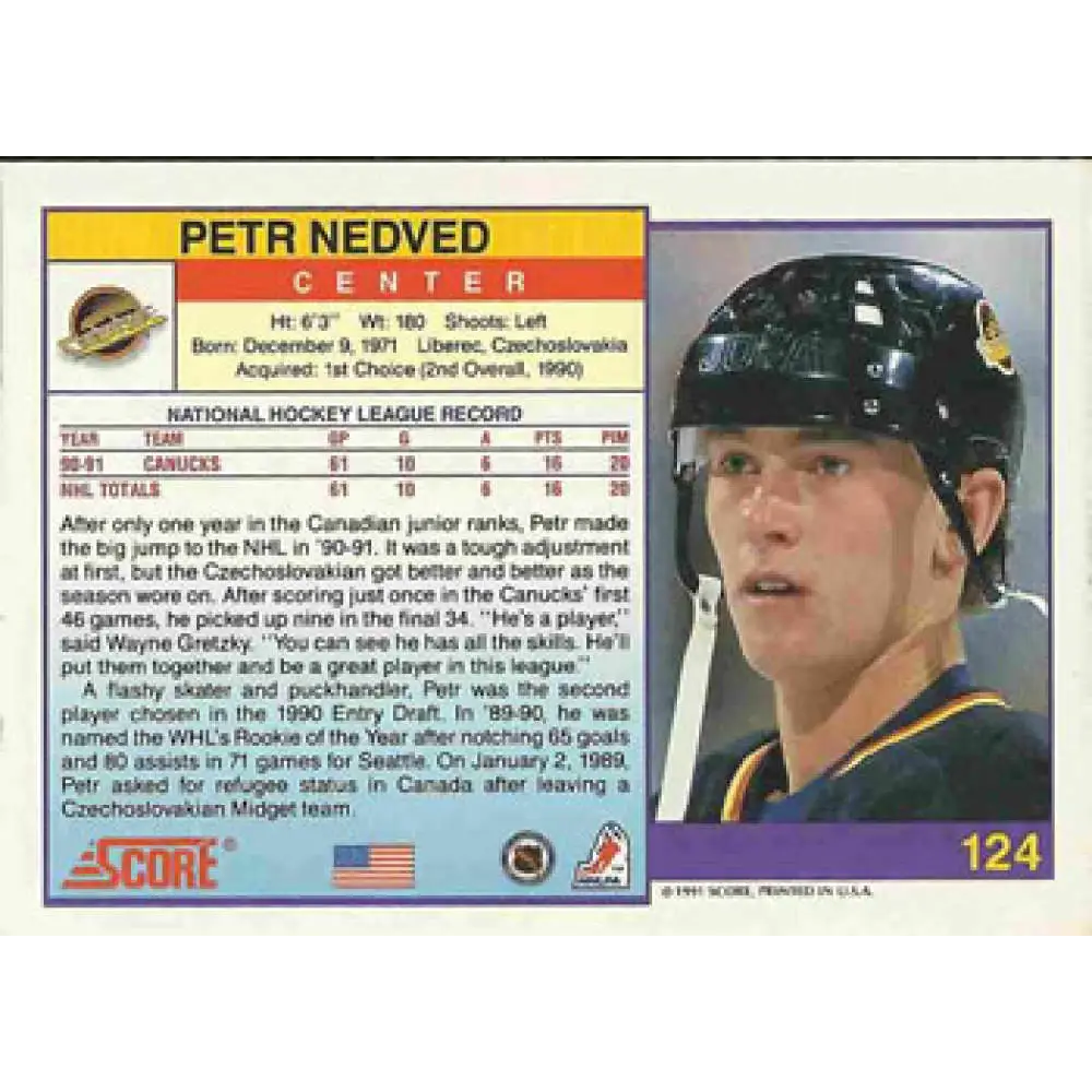 1991-92 Score American #124 Petr Nedved NM-MT Vancouver Canucks Hockey Card Image 2