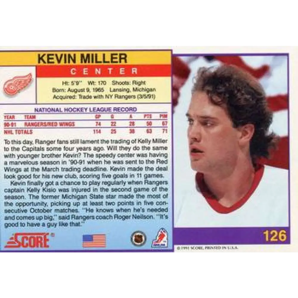 1991-92 Score American #126 Kevin Miller NM-MT Detroit Red Wings Hockey Card Image 2