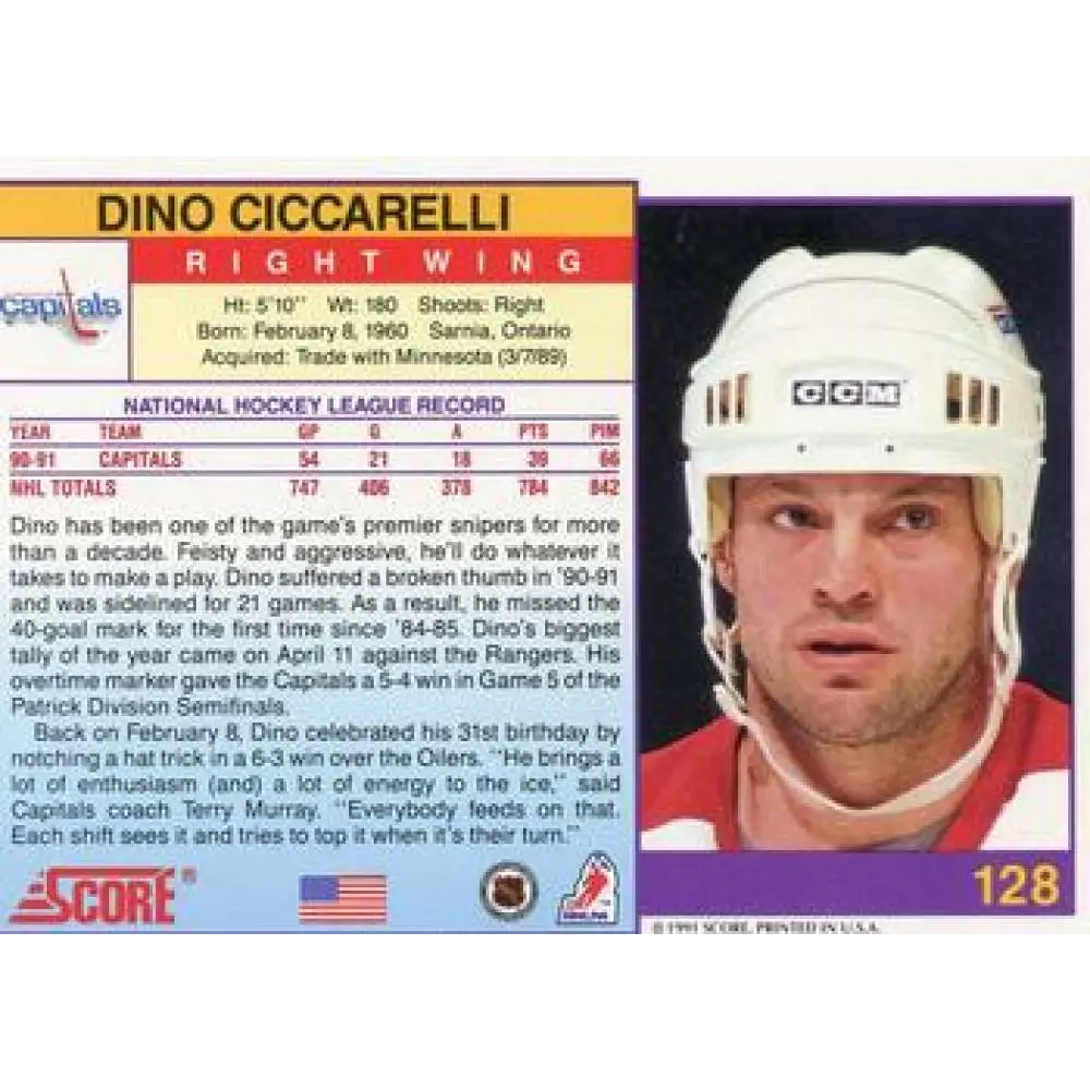 1991-92 Score American #128 Dino Ciccarelli NM-MT Washington Capitals Hockey Card Image 2