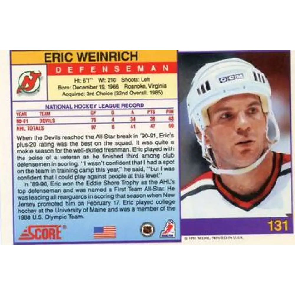 1991-92 Score American #131 Eric Weinrich NM-MT New Jersey Devils Hockey Card Image 2