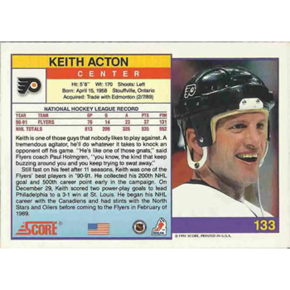 1991-92 Score American #133 Keith Acton NM-MT Philadelphia Flyers Hockey Card Image 2