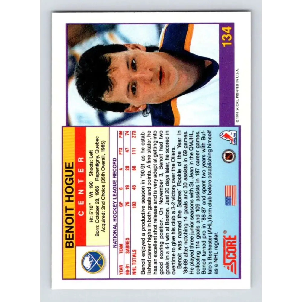 1991-92 Score American #134 Benoit Hogue NM-MT Buffalo Sabres Hockey Card Image 2