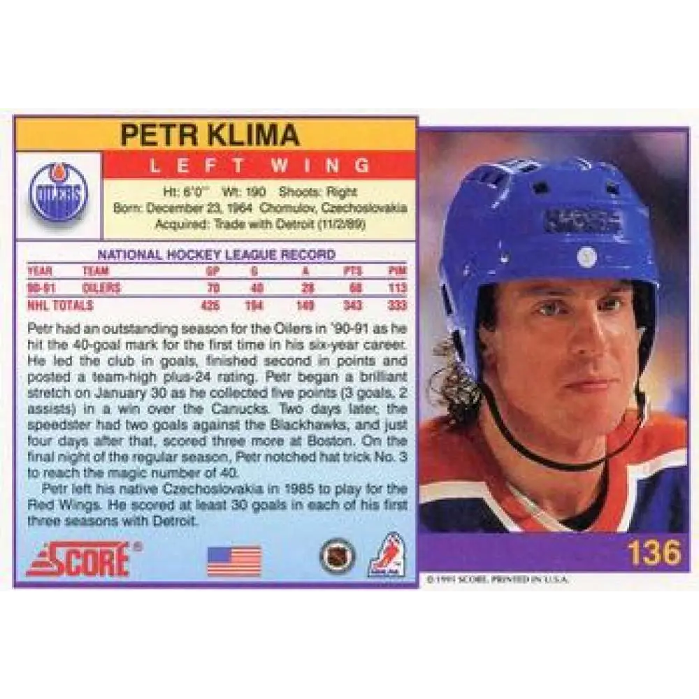 1991-92 Score American #136 Petr Klima NM-MT Edmonton Oilers Hockey Card Image 2