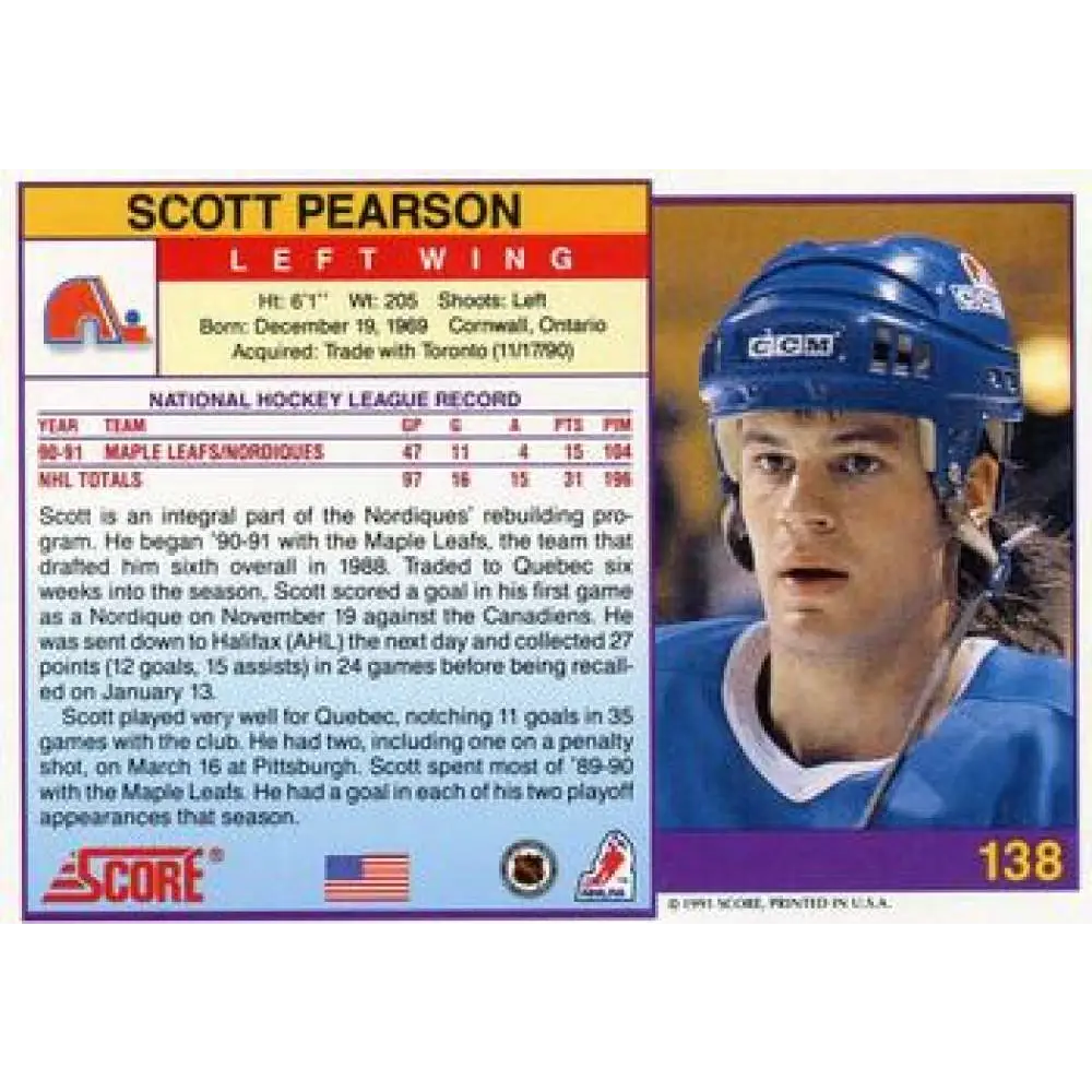1991-92 Score American #138 Scott Pearson NM-MT Quebec Nordiques Hockey Card Image 2