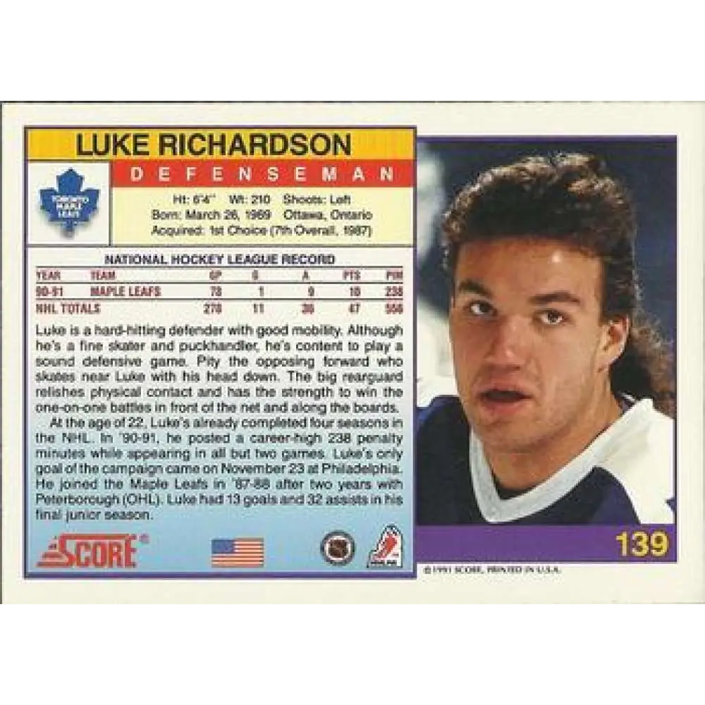 1991-92 Score American #139 Luke Richardson NM-MT Toronto Maple Leafs Hockey Card Image 2