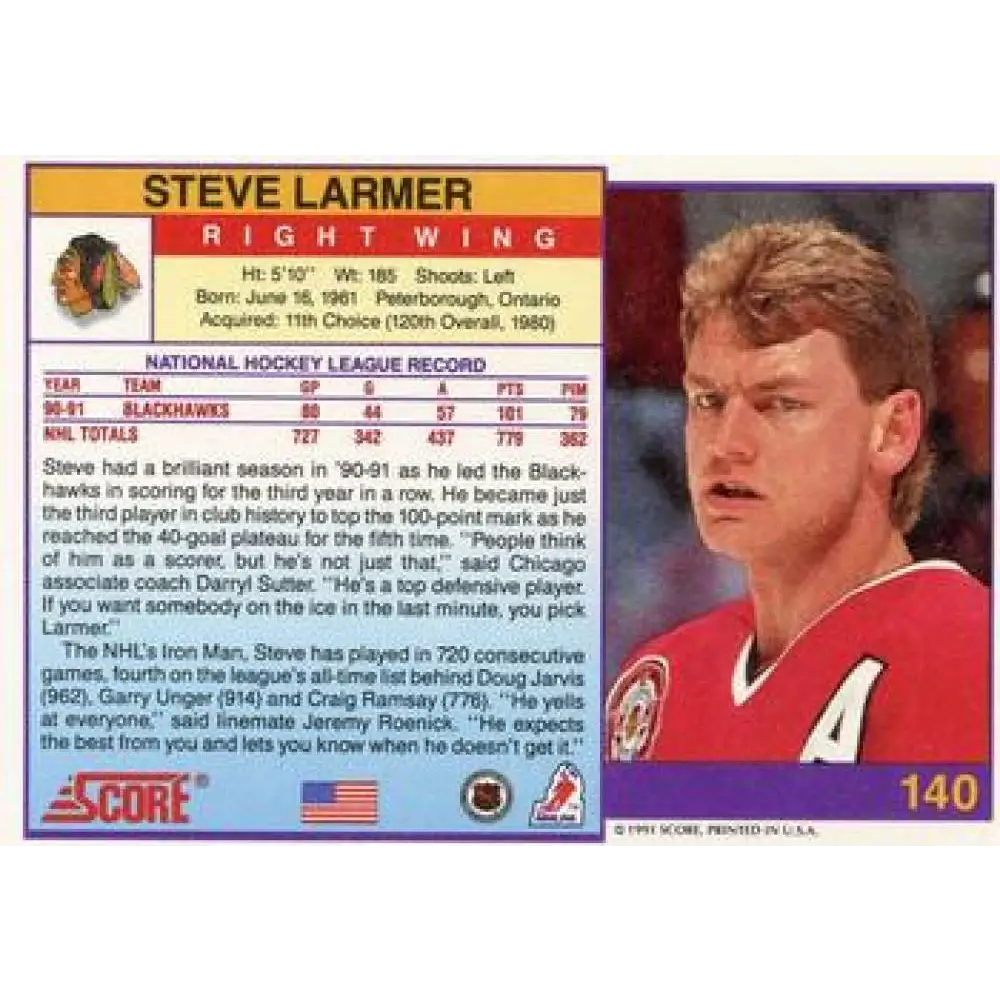 1991-92 Score American #140 Steve Larmer NM-MT Chicago Blackhawks Hockey Card Image 2
