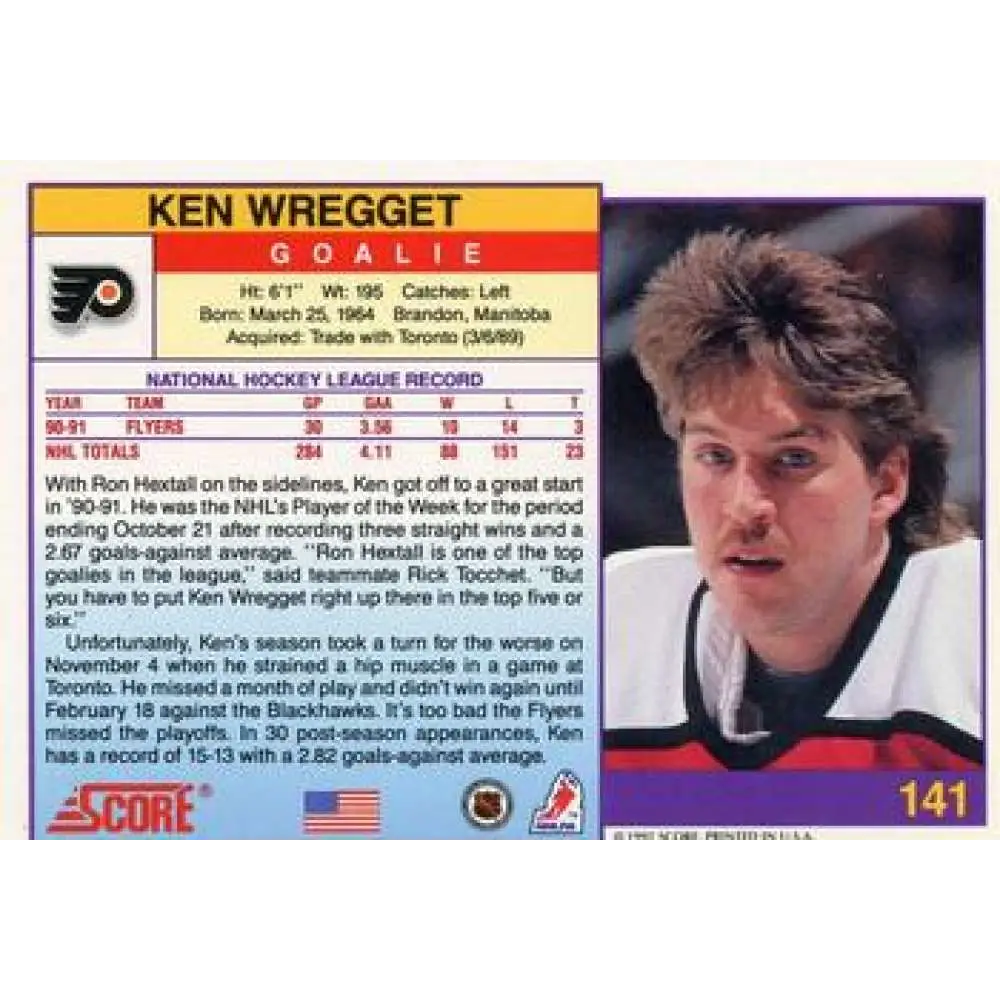 1991-92 Score American #141 Ken Wregget NM-MT Philadelphia Flyers Hockey Card Image 2