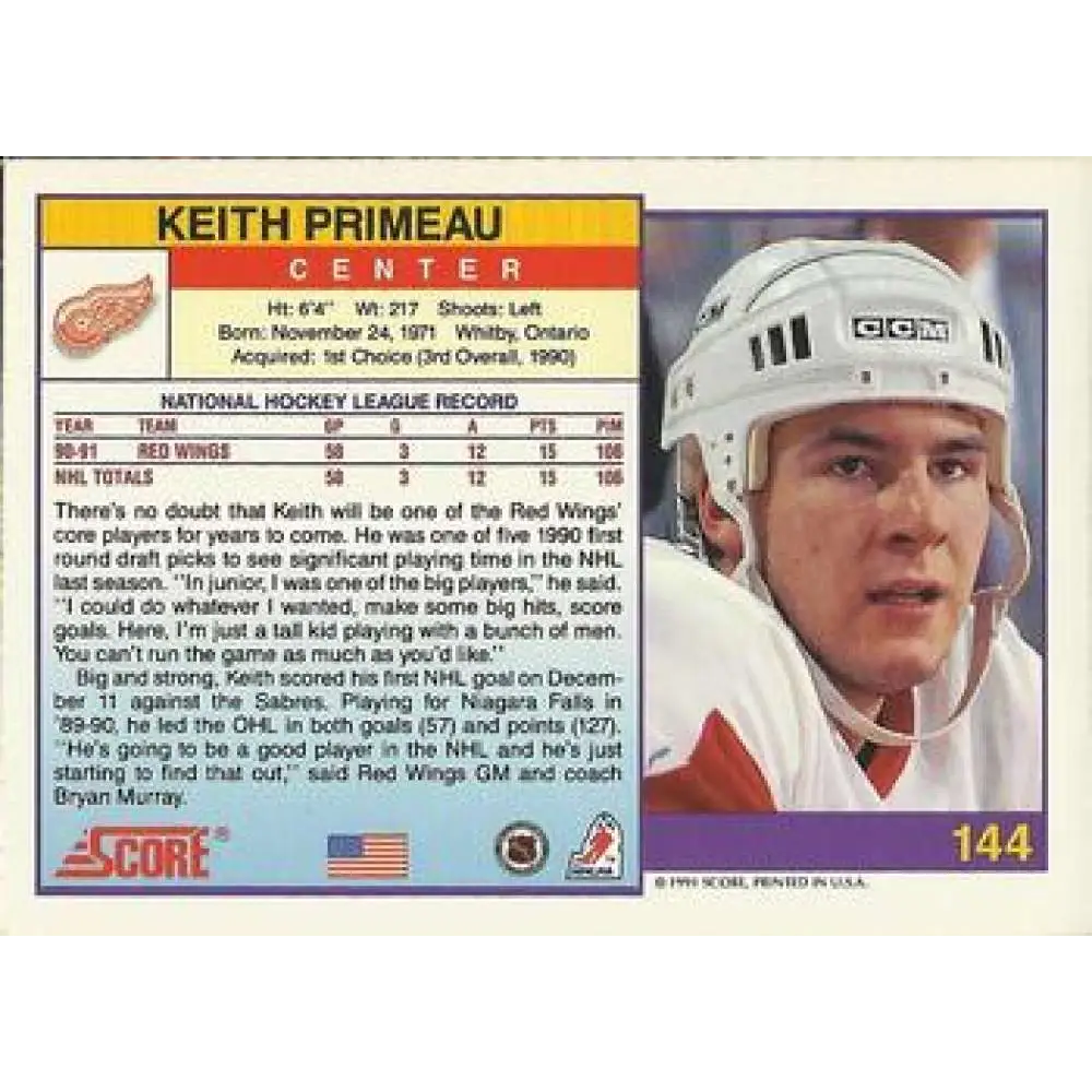 1991-92 Score American #144 Keith Primeau NM-MT Detroit Red Wings Hockey Card Image 2
