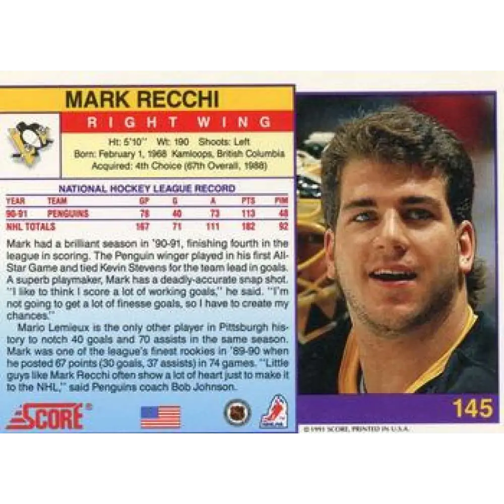 1991-92 Score American #145 Mark Recchi NM-MT Pittsburgh Penguins Hockey Card Image 2