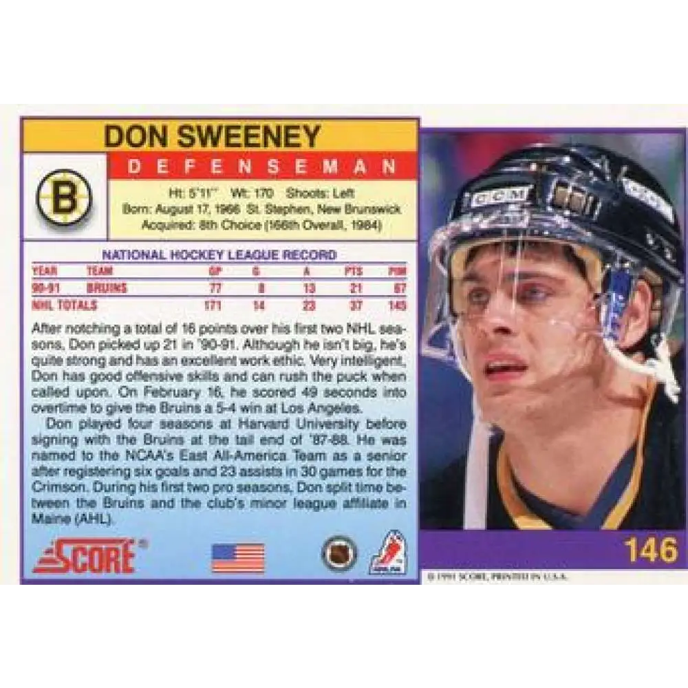 1991-92 Score American #146 Don Sweeney NM-MT Boston Bruins Hockey Card Image 2