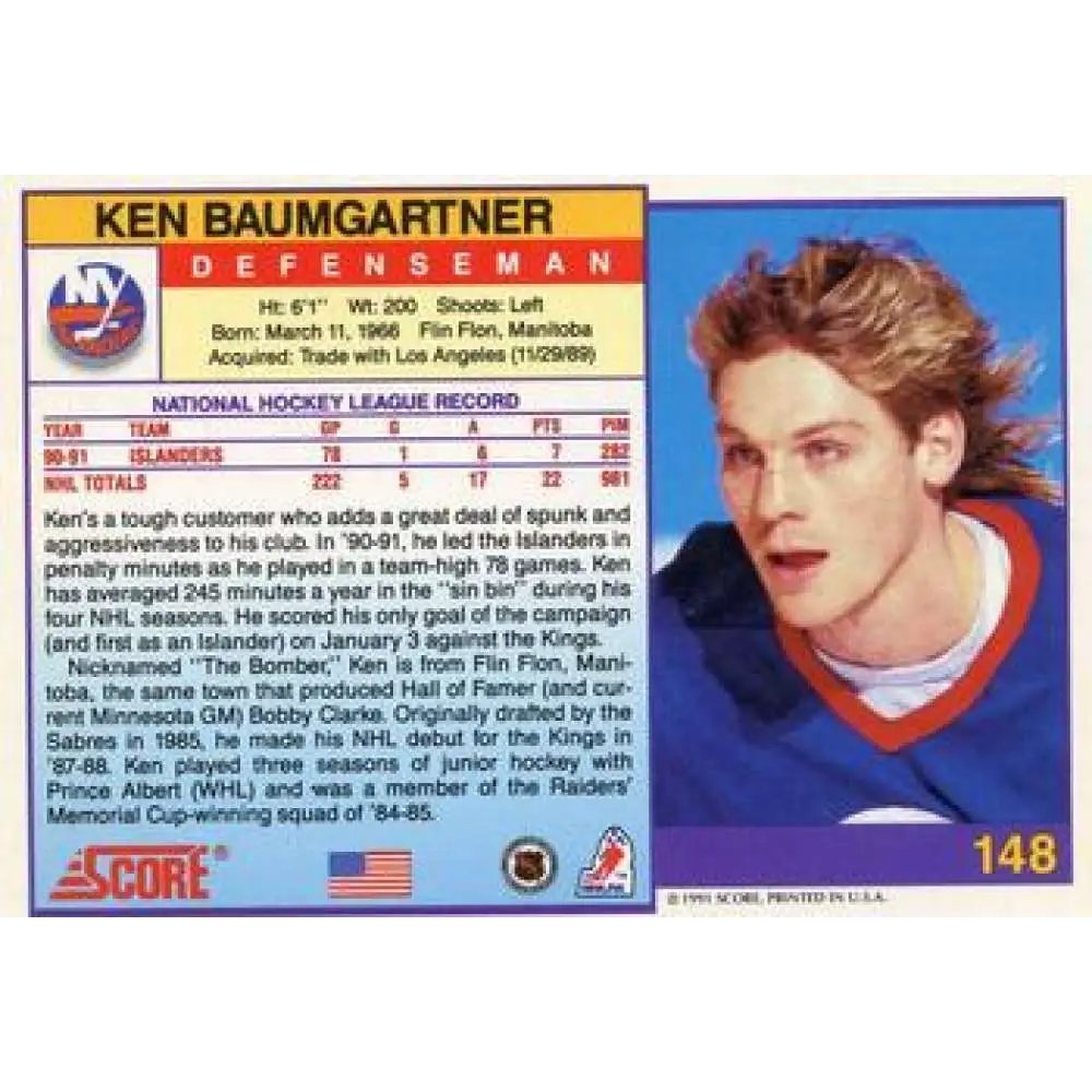 1991-92 Score American #148 Ken Baumgartner NM-MT New York Islanders Hockey Card Image 2
