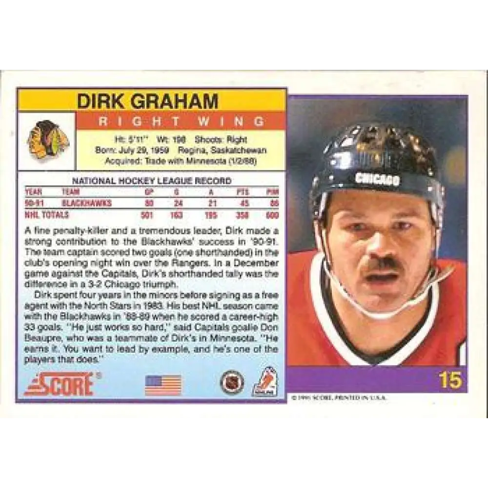 1991-92 Score American #15 Dirk Graham NM-MT Chicago Blackhawks Hockey Card Image 2