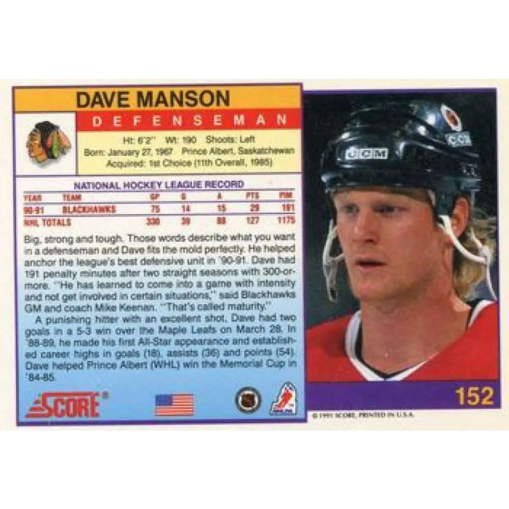 1991-92 Score American #152 Dave Manson NM-MT Chicago Blackhawks Hockey Card Image 2