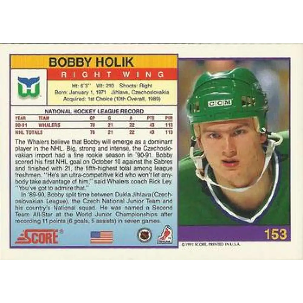 1991-92 Score American #153 Bobby Holik NM-MT Hartford Whalers Hockey Card Image 2