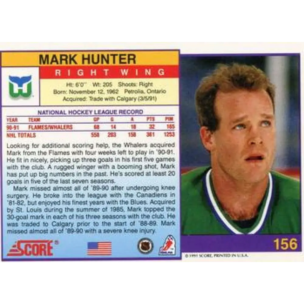 1991-92 Score American #156 Mark Hunter NM-MT Hartford Whalers Hockey Card Image 2