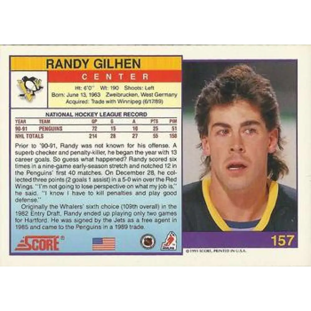 1991-92 Score American #157 Randy Gilhen NM-MT Pittsburgh Penguins Hockey Card Image 2