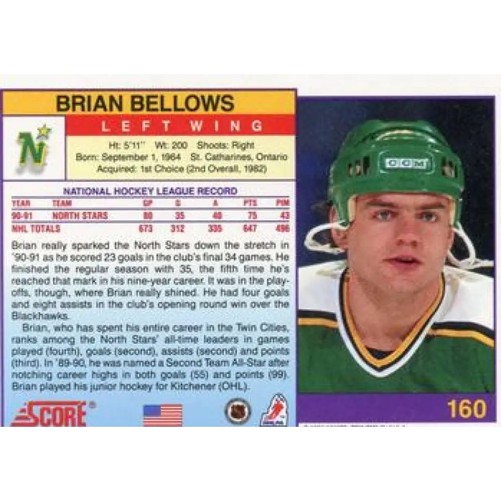 1991-92 Score American #160 Brian Bellows NM-MT Minnesota North Stars Hockey Card Image 2
