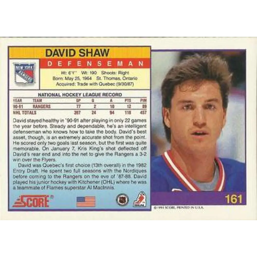 1991-92 Score American #161 David Shaw NM-MT New York Rangers Hockey Card Image 2