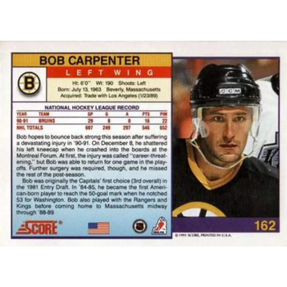 1991-92 Score American #162 Bob Carpenter NM-MT Boston Bruins Hockey Card Image 2