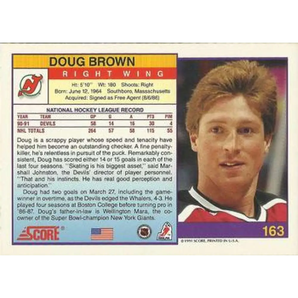 1991-92 Score American #163 Doug Brown NM-MT New Jersey Devils Hockey Card Image 2