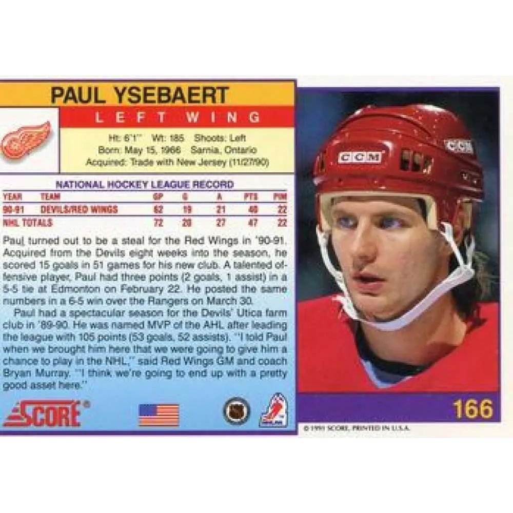 1991-92 Score American #166 Paul Ysebaert NM-MT Detroit Red Wings Hockey Card Image 2