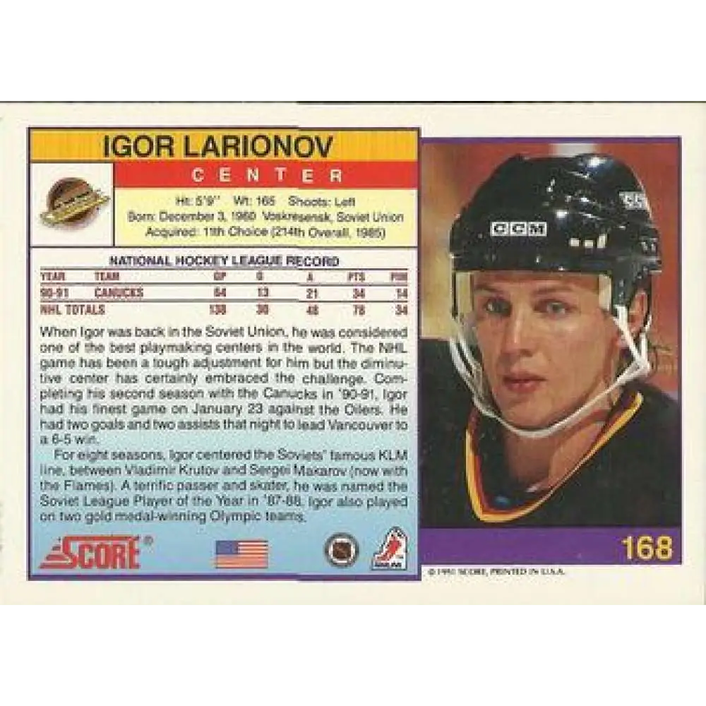 1991-92 Score American #168 Igor Larionov NM-MT Vancouver Canucks Hockey Card Image 2