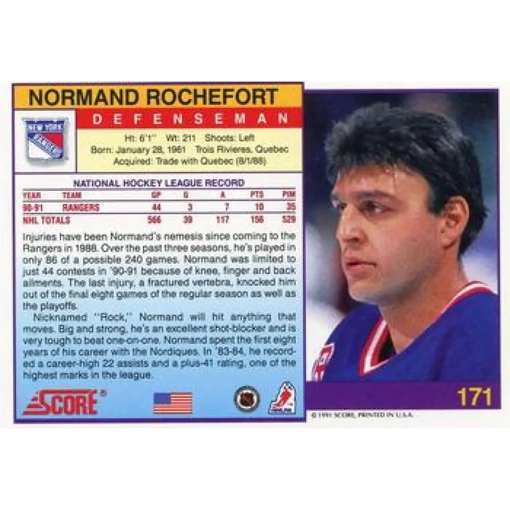 1991-92 Score American #171 Normand Rochefort NM-MT New York Rangers Hockey Card Image 2