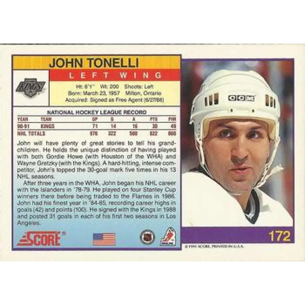 1991-92 Score American #172 John Tonelli NM-MT Los Angeles Kings Hockey Card Image 2