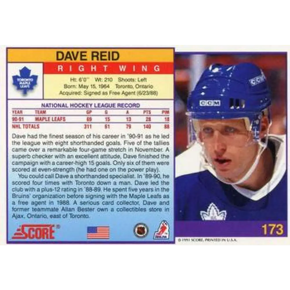 1991-92 Score American #173 David Reid NM-MT Toronto Maple Leafs Hockey Card Image 2